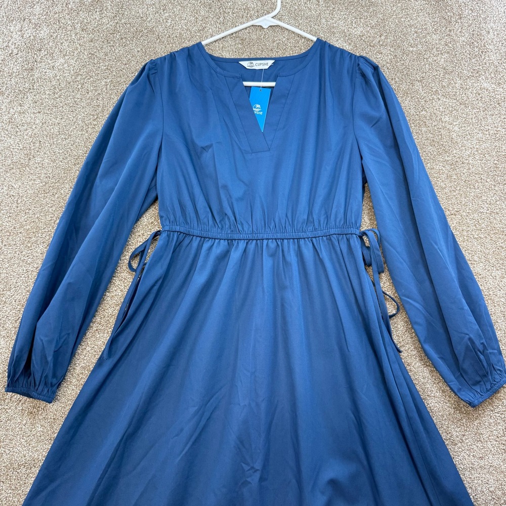 NEW Cupshe Womens S Long Sleeve V-Neck Tiered Midi Dress Blue Ruffle Tie Modest - Picture 10 of 14